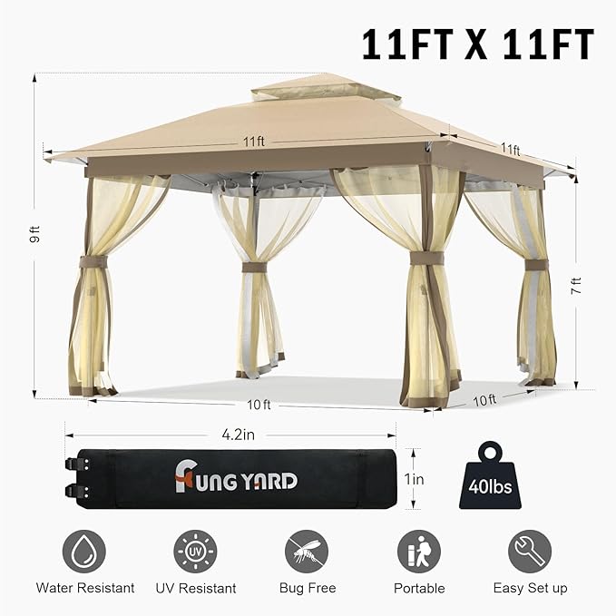Pop Up Gazebo 11x11 - Outdoor Canopy Tent with Mosquito Netting & Wheeled Carry Bag, Double Roof Gazebos for Backyard Party Garden Wedding Camping (Beige, 11x11)