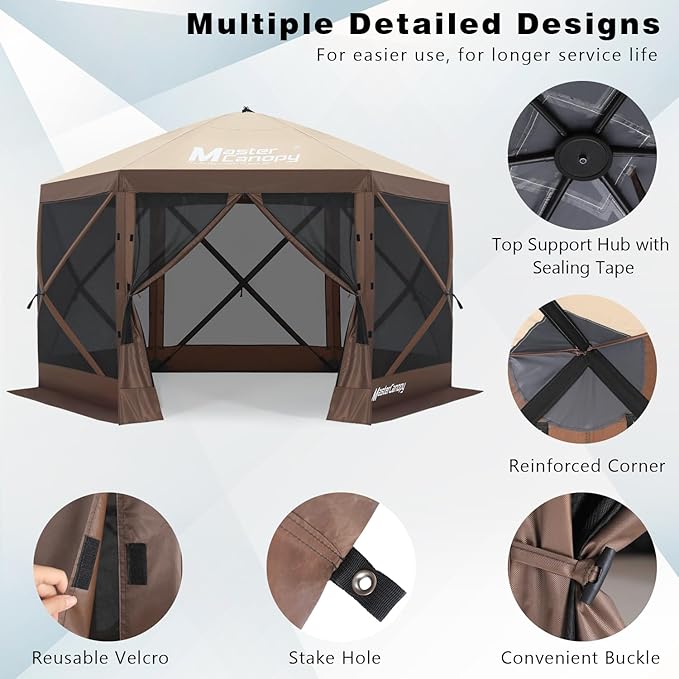 MASTERCANOPY 10x10FT Pop Up Gazebo Screen Tent - Instant Screen House with Netting, Quick Set, Outdoor Canopy Shelter with Carry Bag for Camping, Backyard & Patio (Beige&Coffee)