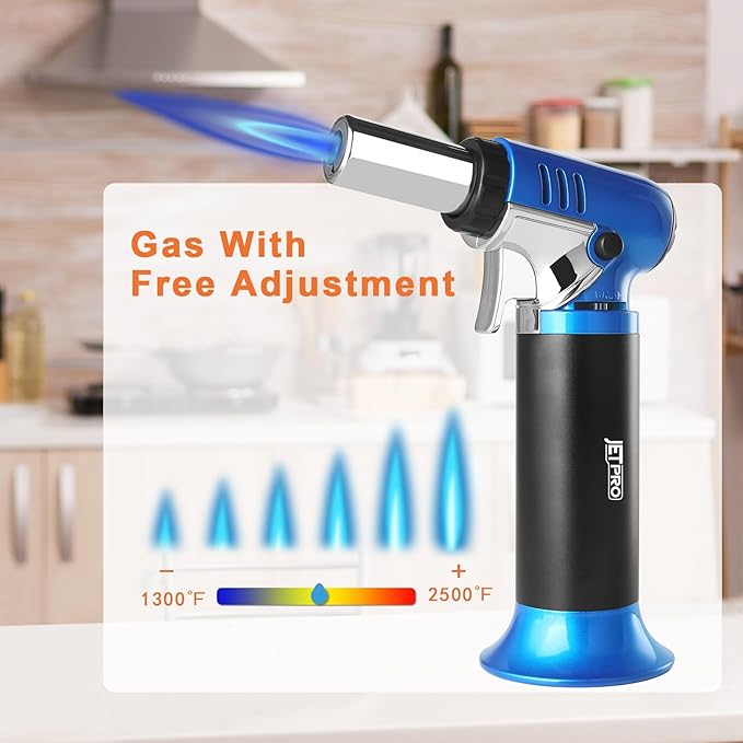 Butane Torch Lighter Refillable with Adjustable Flame Kitchen Torch for Creme Brulee Baking BBQ Cooking Soldering One Hand Operation with Fuel Window Safety Lock (Butane Gas Not Included)