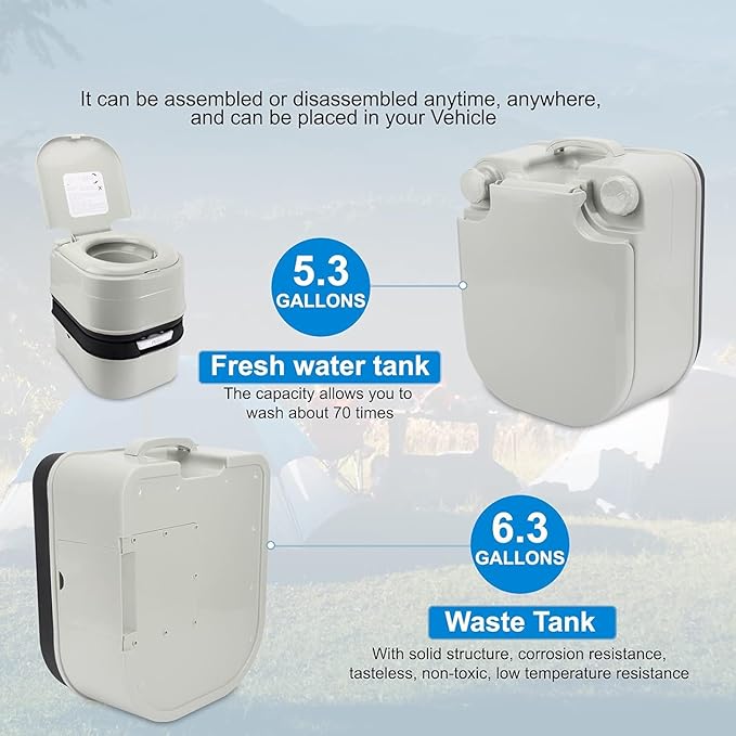 Portable Toilet, 6.4 Gallon 24L Piston Pump Flush with Level indicator Detachable Anti-Leak Handle Water Pump,Rotating Spout Indoor & Outdoor Hiking Toilet for Camping, Fishing Travel