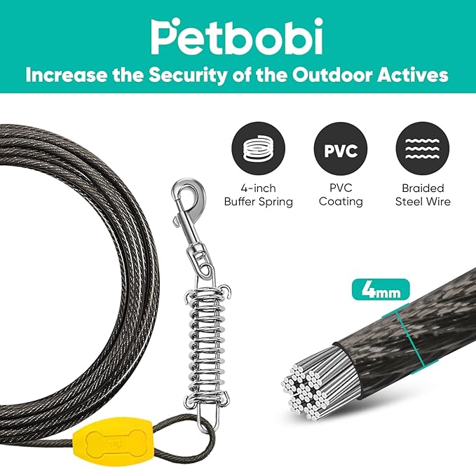 Petbobi Dog Tie-Out Cable and Stake - 20ft Heavy Duty Cable with Spring, No Tangle, 16in Ground Stake, Ideal for Yard, Camping and Beach, Suitable for Small Medium Large Dogs Up to 120 lbs, Black