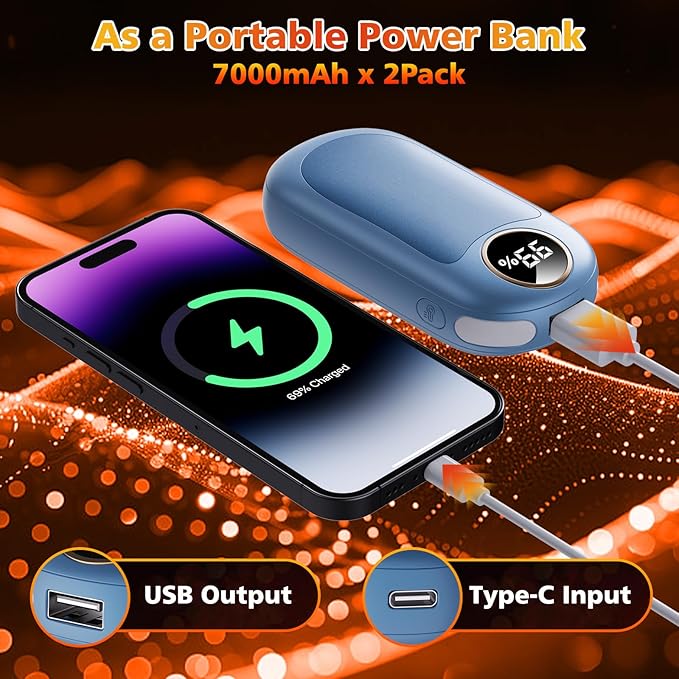 Hand Warmers Rechargeable 2 Pack, Dual Sided Electric Hand Warmer, 20Hrs Warmth, 8 Heating Mode, Portable Charging Pocket Heater for Men, Women, Raynauds, Camp, Hunting, Golf