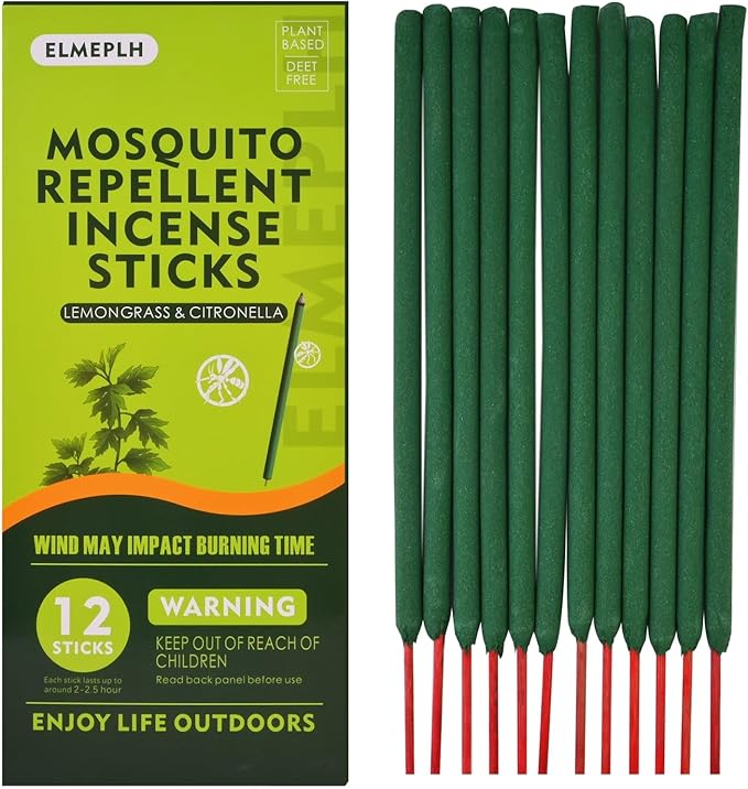 Mosquito Repellent Incense Sticks Outdoor Patio 12 PCS - DEET Free - Lemongrass Oil - Natural Citronella Incense Sticks for Camping, Patio, Hiking,etc