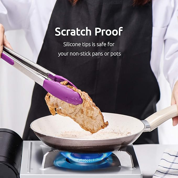 U-Taste Kitchen Tongs, 7/9/12 inches Cooking Tongs, with 600ºF High Heat-Resistant Non-Stick Silicone Tips, 18/8 Stainless Steel Handle, for Food Grill, Salad, BBQ, Frying, Serving, Pack of 3(Purple)
