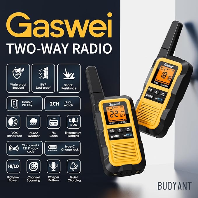 G2pro+ IP67 Waterproof Floating Walkie Talkies Long Range for Adults, Heavy Duty Walkie Talkie with Double PTT,FM Radio,SOS,NOAA Weather,VOX, Two Way Radio Rechargeable Battery(Yellow 6Pack)