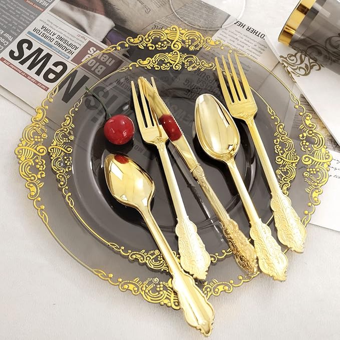 Nervure 175pcs Clear Black Plastic Plates - Gold Plastic Dinnerware Set for 25 Guests include 50 Disposable Plates,75 Gold Silverware,25 Cups,25 Napkins Perfect for Party&Independence Day