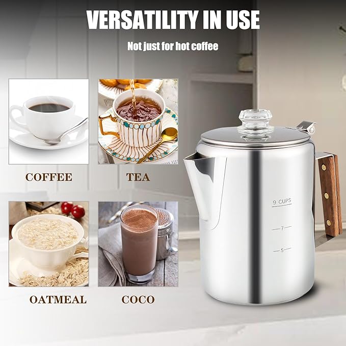 Coffee Percolator Camping Coffee Pot Stainless Steel Coffee Maker with Two Heat Resistant Tough Glass Knob Using on any Stovetop Outdoor Traveling NO Aluminum NO Plastic (9 Cup)