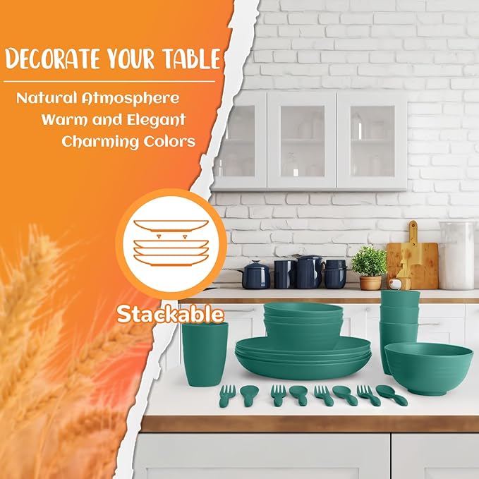 Wheat Straw Dinnerware Sets for 4, Unbreakable & Lightweight Plates and Bowls Sets, Travel Camping Cutlery Set, Dishwasher Microwave Safe 20-Piece Dinnerware - Dark Green