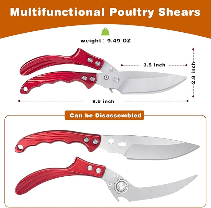 Kitchen Shears Kitchen Scissors for food - Stainless Steel Poultry Shears Heavy Duty for Meat Bones Seafood, All Purpose Food Scissors, Detachable Blades, Ergonomic Handle, Dishwasher Safe, Red
