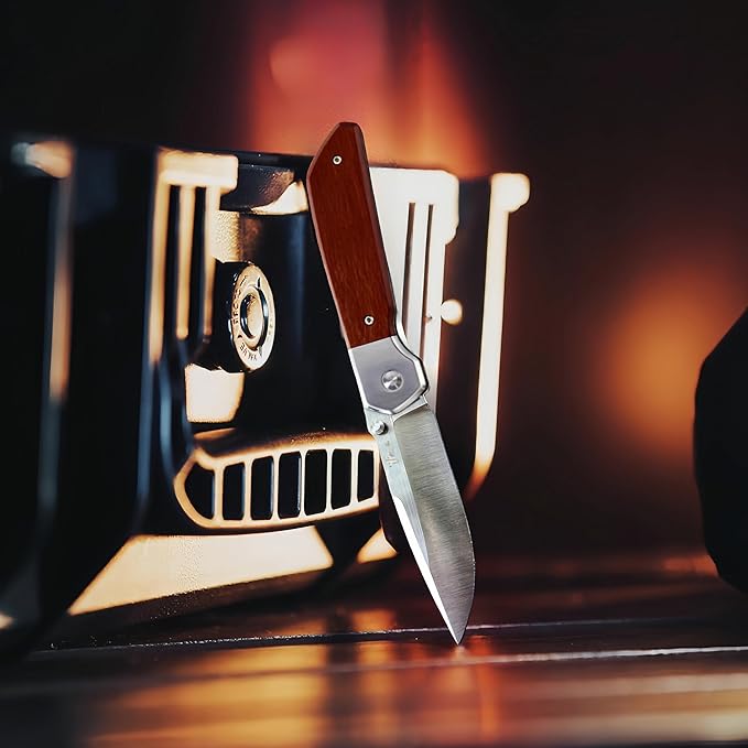 Small Folding Pocket Knife, Drop-Point D2 Blade, Sturdy Wooden Handle, Deep Carry Pocket Clip – Ideal for Camping, Hunting, Hiking & EDC, Gift for Women, Men