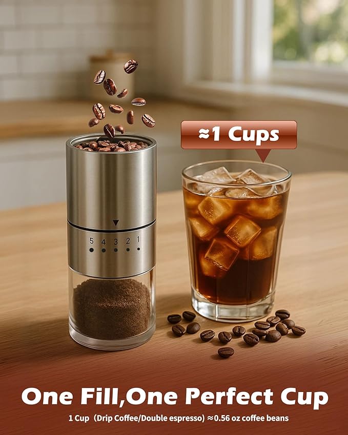 Stainless Steel Burr Manual Coffee Grinder For Drip,French Press,5 Adjustable Settings,Hand Mill with Built-In Burr,For Home Use and Camping (Stainless Steel burr-Sliver)