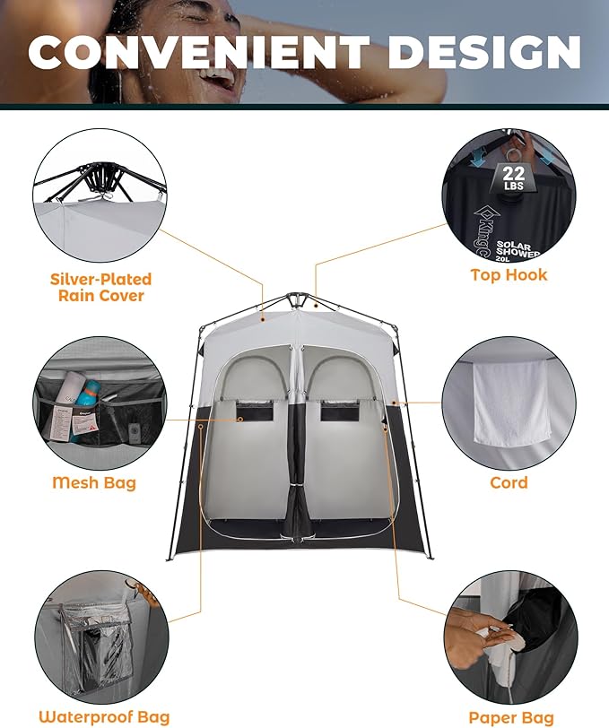 KingCamp Instant Shower Tent, Portable Superior Stable Privacy Shelter, 2 Large Rooms Outdoor Toilet Tent with Floor for Beach, Camping & Hiking, Setup in Under 60s