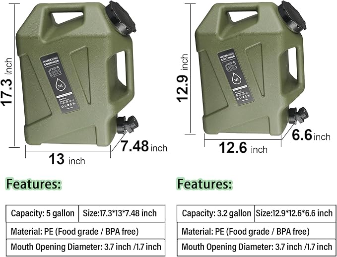 3.2 gallon Camping Water Container with Spigot, Portable BPA-Free Water Jug for Camping Hiking Emergency Stroage (Army Green, 3.2, Gallons)