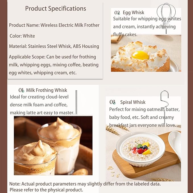 3-in-1 Electric Milk Frother Set, Wireless Rechargeable, 3 Speed Settings with Stand, White