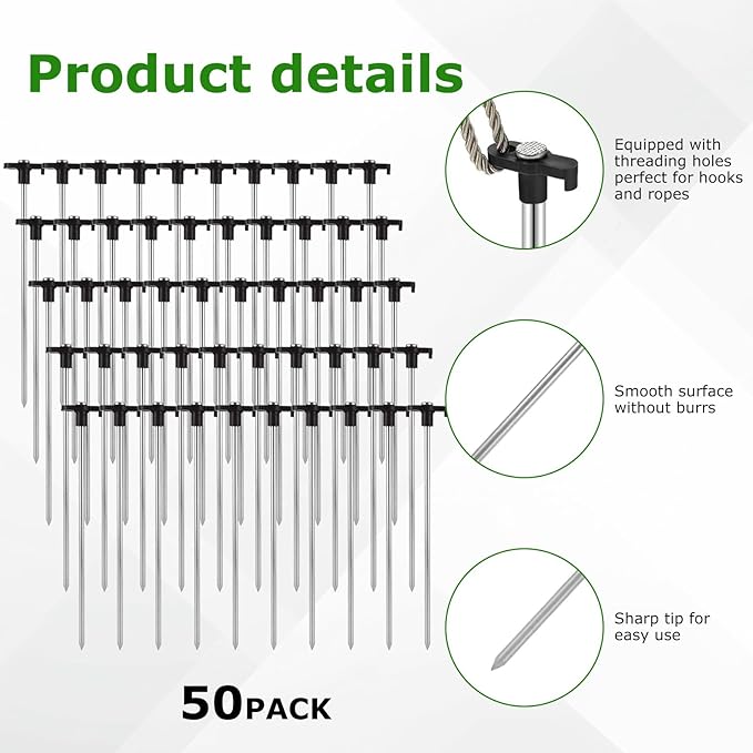 50Pcs Tent Stakes Heavy Duty, 10 Inch Tent Stake Metal, Black Galvanized Non-Rust Ground Stakes for Camping, Outdoor, Travel, Grassland, Yard