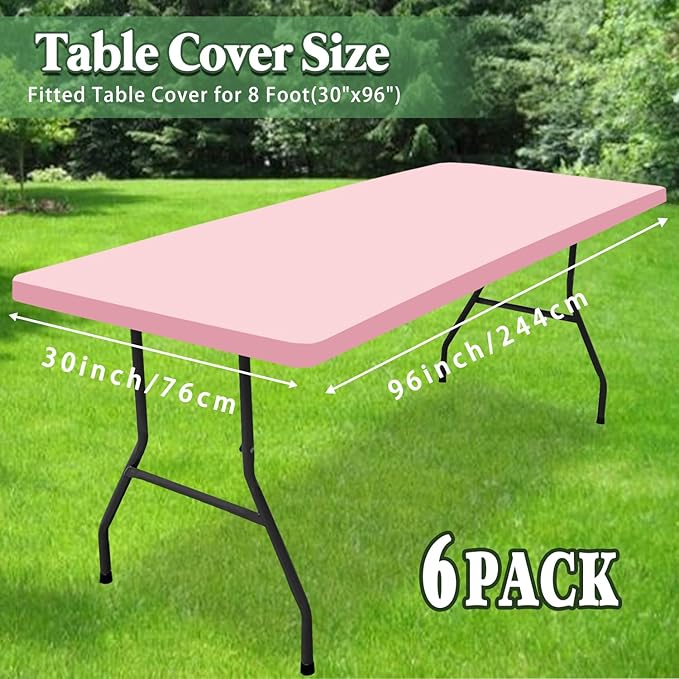 6 Pack Picnic Table Cover Fitted Elastic Tablecloth for 8 Foot Rectangle Tables Waterproof Stretch Washable Folding Indoor Outdoor Spandex Table Cloth for Parties Banquet Camping (Pink,30" x 96")