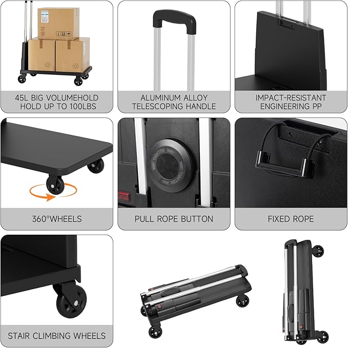 Folding Trolley for Moving, 330 lbs Heavy Duty Luggage,4 Wheel Foldable,Expandable Platform with Bungee Cord, Portable Moving Utility Carts Cart Utility Carts Trolley Cart, (Black, L)