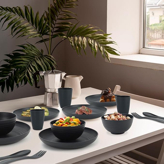 Wheat Straw Dishes Set for 4,Microwave Safe Plates and Bowls Sets, Unbreakable and Ruseable Plastic Dinnerware Sets for Kitchen,Camping,Dorm,Dessert Plates, Water Cups,Serving Bowls(Black,20 PCS)