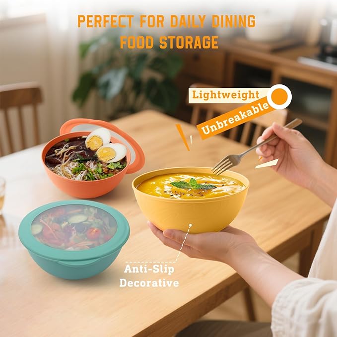 Homienly Wheat Straw Bowls with Lids, 40 OZ Cereal Bowls with Lids, 4 Sets, Alternatives to Plastic Bowl, Salad Container for Lunch, Microwave and Dishwasher Safe Bowl for Kitchen, RV, Camping, Multi