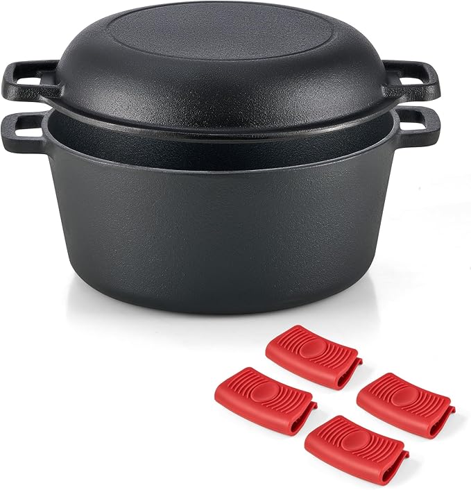 DARTMOOR 2-in-1 Pre-Seasoned Cast Iron Dutch Oven with Lid, 4.8 qt Pot & 10.5 in Skillet Cookware Set with Handles & Lid Lifter, Deep Pot for Baking Stewing Roasting, Indoor & Outdoor Use