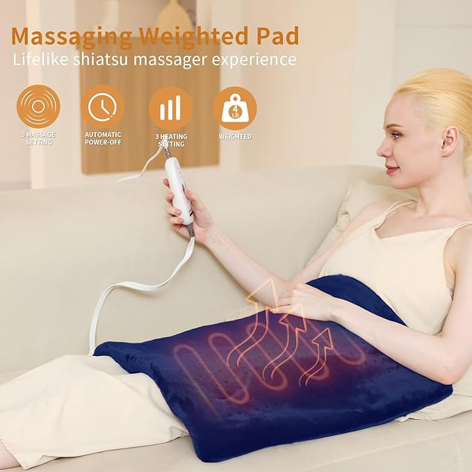 Massaging Weighted Heating Pad for Back Pain Relief,Heating Pads for Neck, Shoulder,Cramp,Portable Heated Pad with 3 Heat Settings & 6 Massage,18 Relaxing Combinations,Auto Off,12"*24",Dark Blue