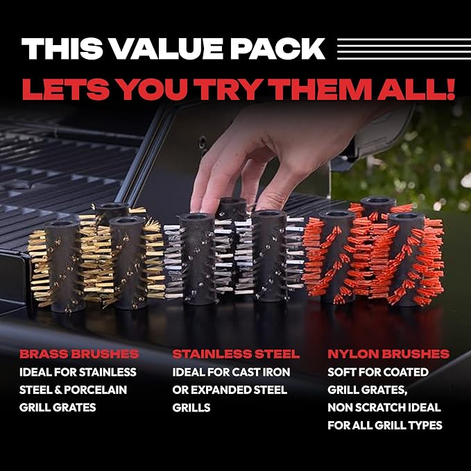 Grillbot Grill Brushes Bundle – Replacement Brushes for Grillbot Automatic Grill Cleaning Robot, Set of 3 Each Stainless Steel, Nylon and Brass Variety Pack