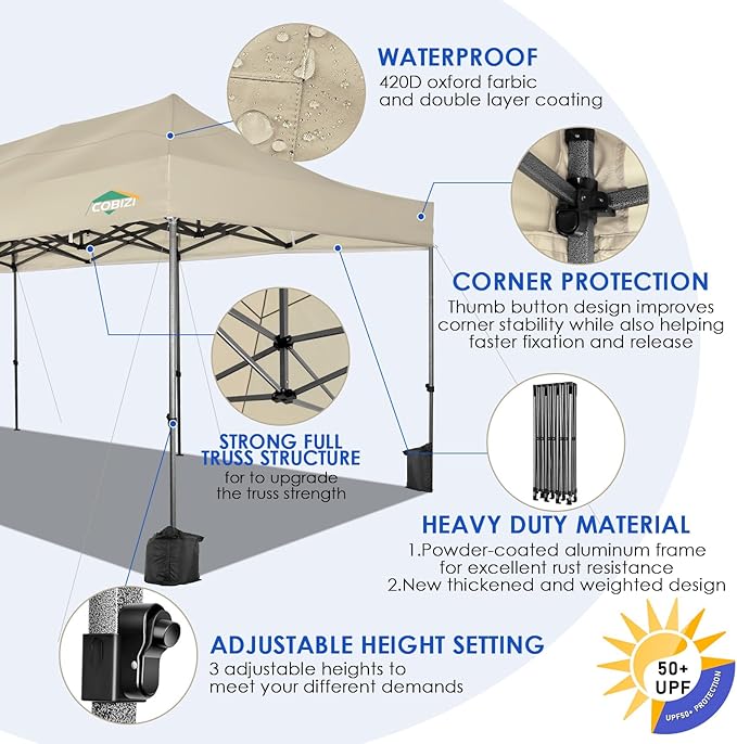 COBIZI 10x30 Pop up Canopy, Heavy Duty Outdoor Party Tents for Parties, Ez up UPF 50+ Waterproof Commercial Canopy with Wheeled Bag can fold, Khaki(Windproof Upgraded)