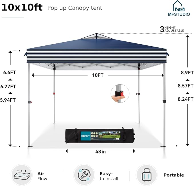 MFSTUDIO 10x10 Pop Up Canopy Tent, Gazebo Shelter Sun Shade Canopies Waterproof Patio Portable Popup Tents for Beach,Parties,Camping,100 Sq,Blue Stripe