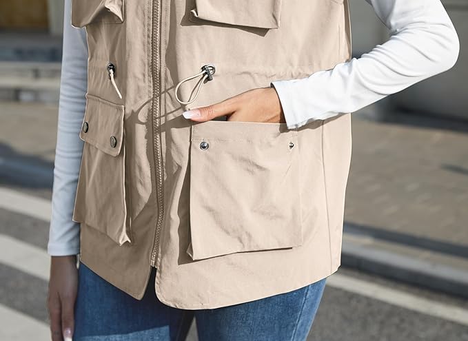 PESION Womens Packable Military Utility Vests Outerwear Waterproof Windbreaker Jacket Cargo Vest with Removable Hood