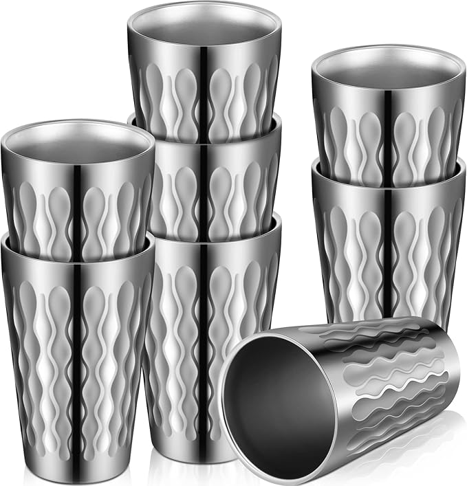 8 Pack 16oz Stainless Steel Cups Pint Cup Metal Double Layer Insulated Drinking Beer Water Tumbler Camping Reusable Stackable for Office Party Hot Cold Drink