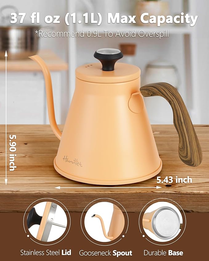 Harriet Gooseneck Kettle with Thermometer for Pour Over Coffee and Tea, 37 fl oz, Stainless Steel, Durable 3-Layer Base, Ideal Spout for Precision Pouring, Compatible with all Stove Tops, Peach