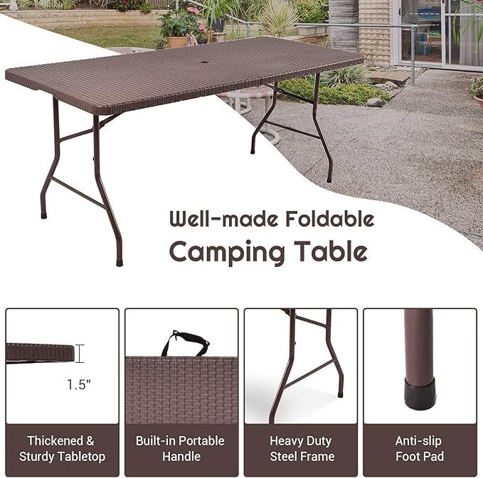 GYMAX 6FT Folding Table, Portable Lightweight Camping Table with Carry Handle, Easy Fold Up Rectangle Indoor/Outdoor Collapsible Table for Camp, Picnic, BBQ, Patio (Rattan Tabletop with Umbrella Hole)