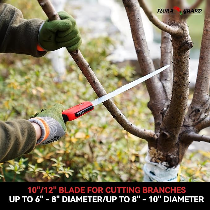 FLORA GUARD 12-Inch Folding Saw, Heavy Duty Hand Saw with Multi-Level Razer Teeth for Wood Cutting, Bushcraft and Gardening, Tree Trimming Camping Gardening Tools (Red-12")