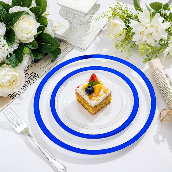 U-QE 200pcs Royal Blue Plastic Plates - Clear Disposable Plates Heavy Duty - Includes 100 10" Dinner & 100 7" Dessert Plates for Party, Birthday