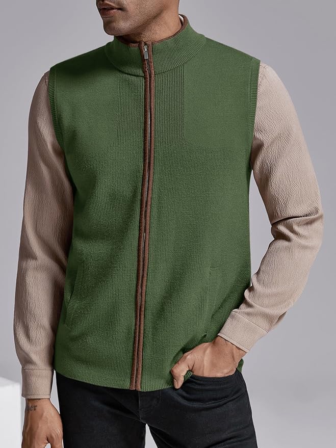 Ryannology Mens Sweater Vest Zip up Casual Sleeveless Cardigan Knitted Stand Collar Regular Fit Jacket with Pockets