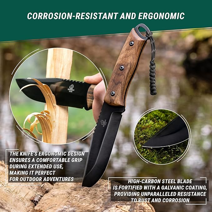 BeaverCraft Bushcraft Knife Full Tang 9.8" - Bush Knife with Fire Starter & Leather Sheath BSH4F - 5" Fixed Blade Carbon Steel - Camping Knives for Hiking, Survival, Outdoor