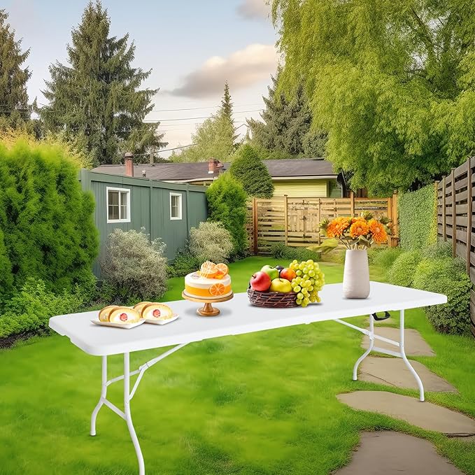 Portable Plastic Folding Table 4ft/6ft/8ft Heavy Duty White Black Picnic Dining Table Fold-in-Half for Camp Party Kitchen Indoor Outdoor