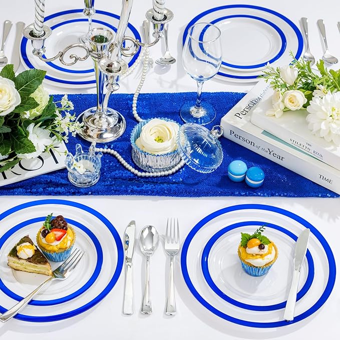 U-QE 200pcs Royal Blue Plastic Plates - Clear Disposable Plates Heavy Duty - Includes 100 10" Dinner & 100 7" Dessert Plates for Party, Birthday