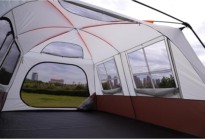 KTT Extra Large Tent 12 Person(A),Awning Family Cabin Tents,2 Rooms,3 Doors and 3 Windows with Mesh,Straight Wall,Waterproof,Double Layer,Big Tent for Outdoor,Picnic,Camping,Family Gathering。