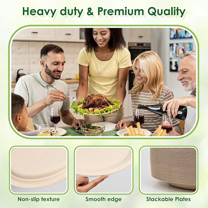 100% Compostable Oval Paper Plates, 12.5Inch 50Pack Disposable Heavy Duty Bagasse Platters Eco-Friendly Biodegradable Sugarcane Plates for BBQ, Party, Picnic - Natural Brown