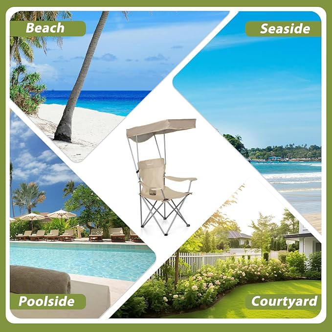 Camping Chair 2 Pack Portable Camping Chair with Canopy,Folding Chair with Canopy, Durable 600D Oxford Canopy Chair for Camping, Beach, Picnics, Fishing & Sports,Straight Edge Beige