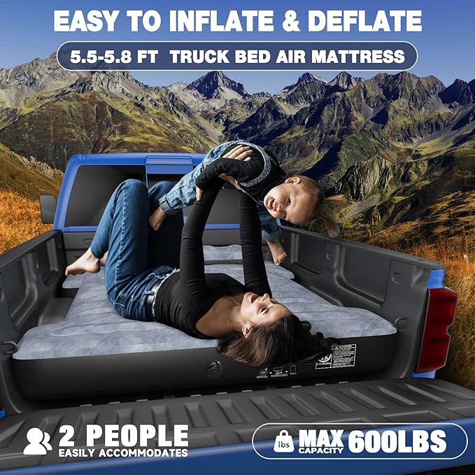 Truck Bed Mattress for Camping: Inflatable Air Mattress for 5.5-5.8ft Short Truck Bed 2 Person, Air Pump 2 Pillows, Carry Bag