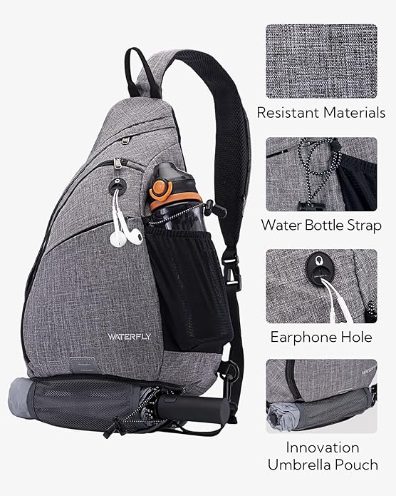 WATERFLY Large Crossbody Sling Bag: Over Shoulder Backpack Daypack Casual Cross Chest Side Pack