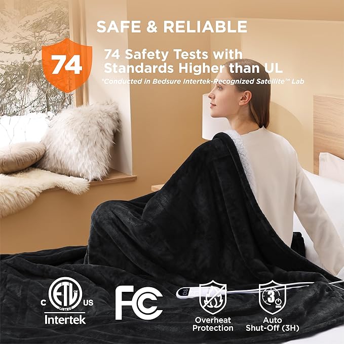 Bedsure Heated Blanket Throw Blanket - Fast Heating Electric Blanket, Soft Flannel Heated Throw with 4 Time Settings, 6 Heating Settings, Warm Gifts for Grandma Grandpa (50x60 inches, Black)