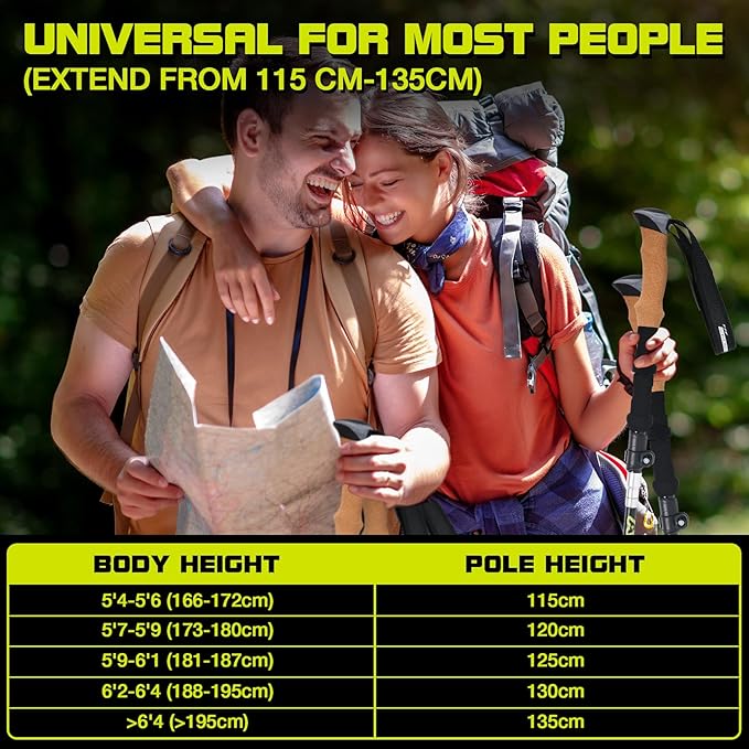 Collapsible Trekking Poles for Hiking-Lightweight Adjustable Walking Sticks with 7075 Aluminum,Anti-Shock,Quick Lock&Cork Grips for Men/Women, Camping, Backpacking, Mountaineering, 2 Pcs