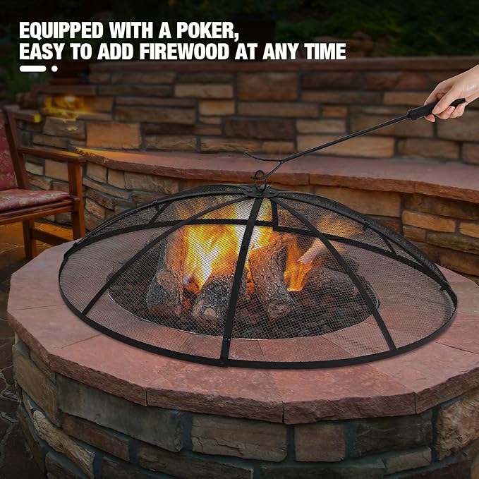 Lineslife Fire Pit Screen 36 Inch Round, Heavy Duty fire pit spark screen with Handle & Poker, Outdoor Firepit Screen Mesh Cover, Collapsible Metal Fire Pit Lid Top for Patio Backyard Beach RV Camping