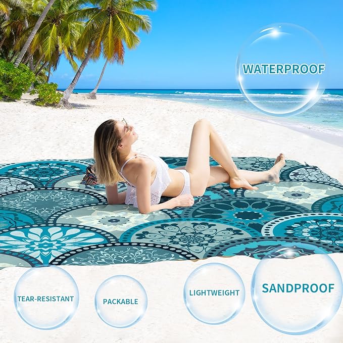 BYDOLL Beach Blanket Waterproof Sandproof 78''ร81'' Suits1-4 Adults Compact Lightweight Oversized Sand-Free Blanket Large Picnic Mat for Beach Travel Camping Hiking