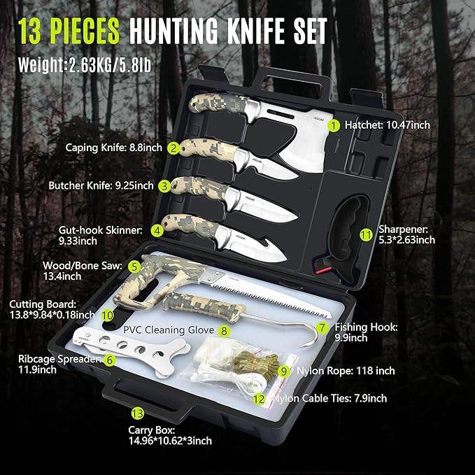 Jellas Professional 13-Piece Hunting Gear Set | Field Dressing & Game Processing Kit | Includes Fixed Blade, Bone Saw, Gut Hook, Boning Knife, Skinning Blade & Heavy-Duty Case