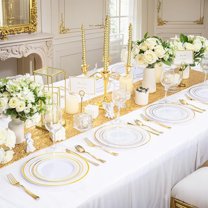 350 Pieces White and Gold Plastic Plates - 50 Guest Thanksgiving Dinnerware Set Include 100 Plates, 50 Plastic Silverware, 50 Napkins and 50 Cups for Thanksgiving