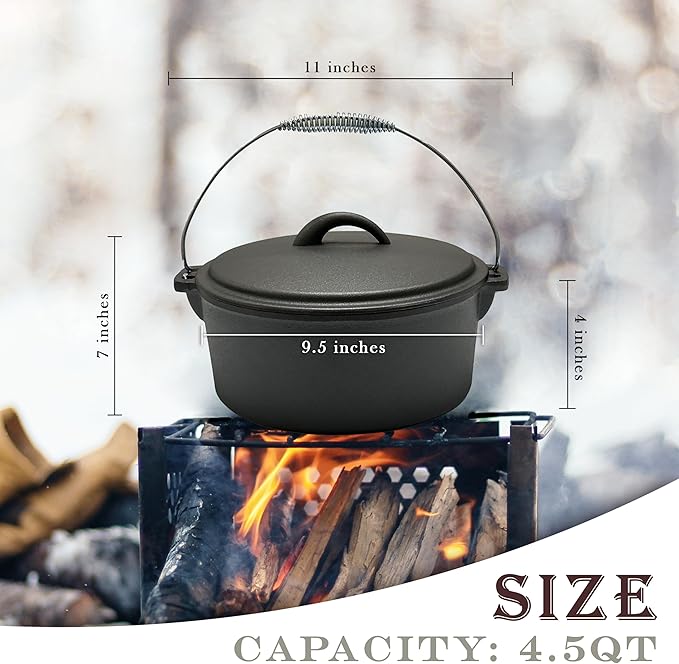 Cuisiland 4.5QT Cast Iron Dutch Oven with Dome Lid & Bail Handle – Pre-Seasoned Campfire Pot for Outdoor Cooking, Baking, Braising & Stews – Heavy-Duty, Even-Heat Casserole Pot for Camping & Home Use